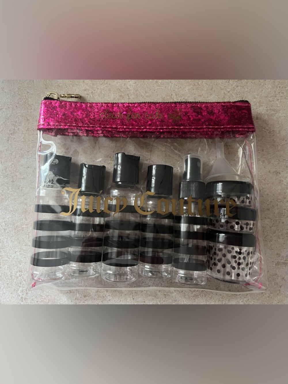 Juicy Couture Clear Travel Bottle Set with Hot Pink Glitter Top